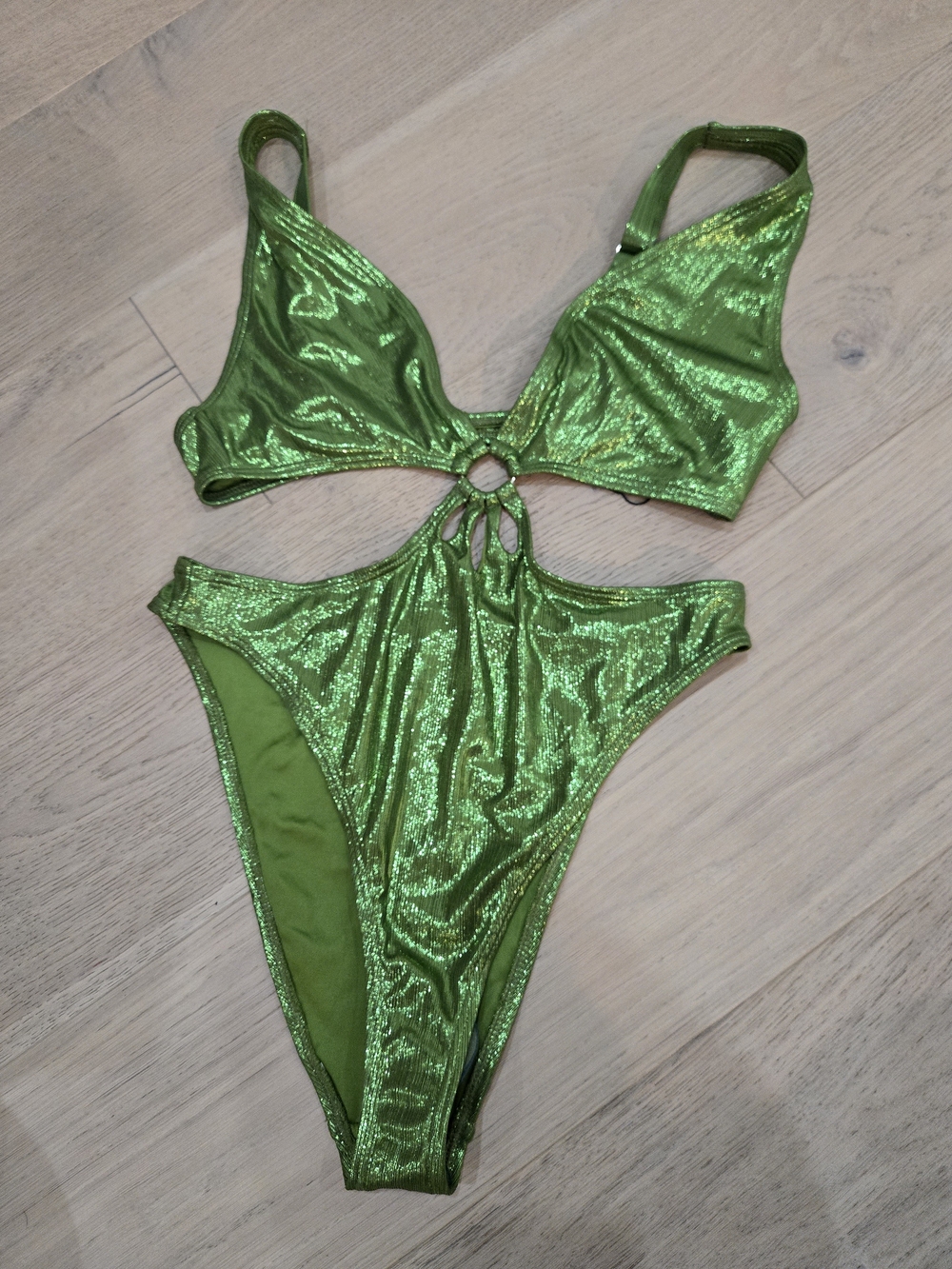 South Beach Festival Rave Shimmering Cutout One-Piece Swimsuit in Metallic Green